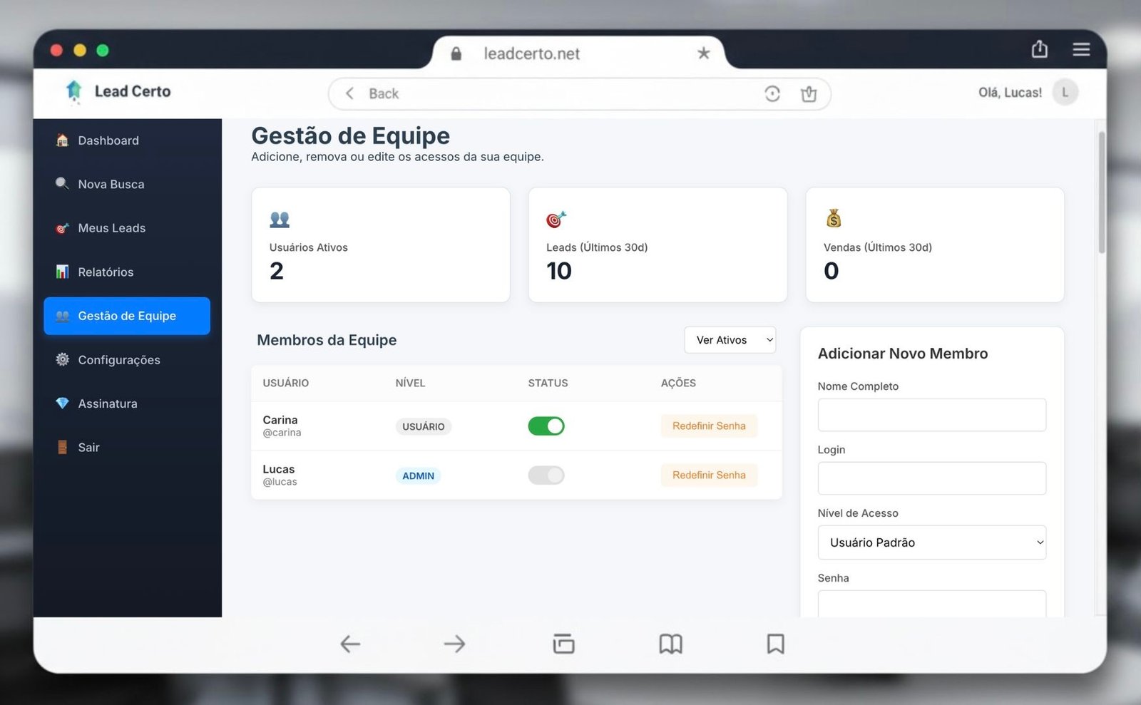 Print da tela principal do Lead Certo